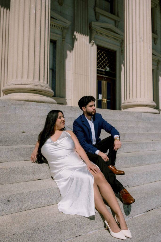 customs house engagement photos of man and woman in white dress and tux 
charleston wedding and engagement photographer near me
luxury wedding photographer charleston