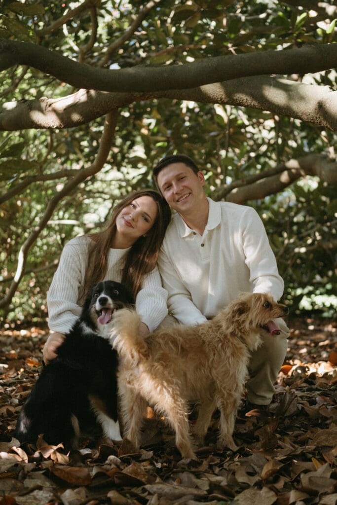 engagement shoot documentary style candid of couple outside under tree with dogs hampton park engagement photoshoot