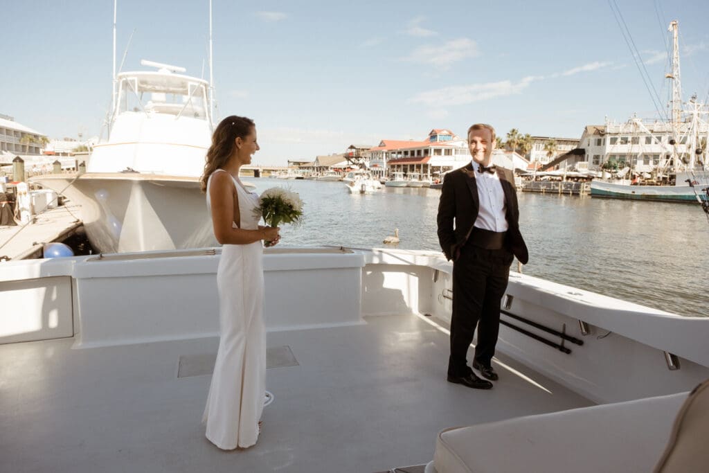 charleston documentary wedding photographer candid couple on boat