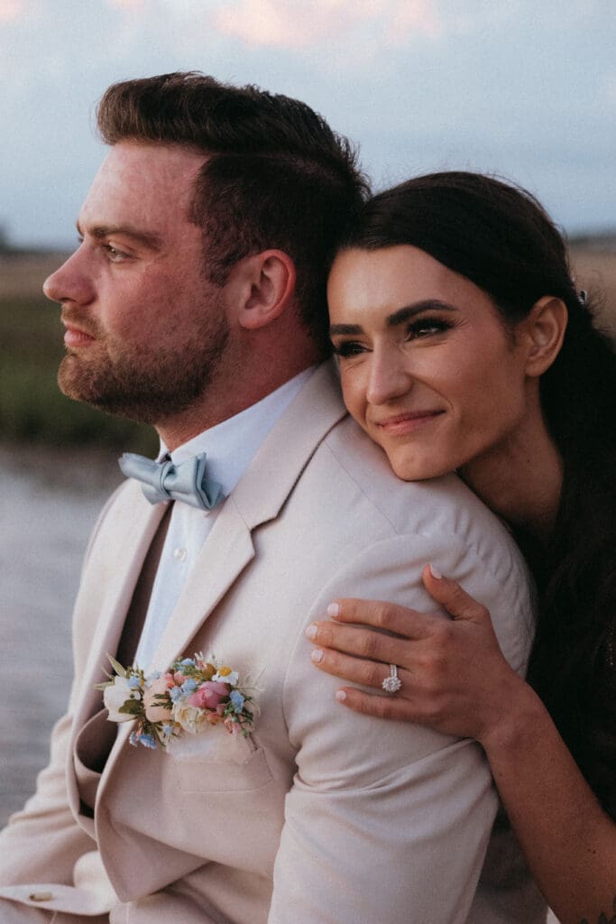 Rustic wooden Cotton Dock on tidal marsh at Boone Hall Plantation wedding venue, Charleston SC