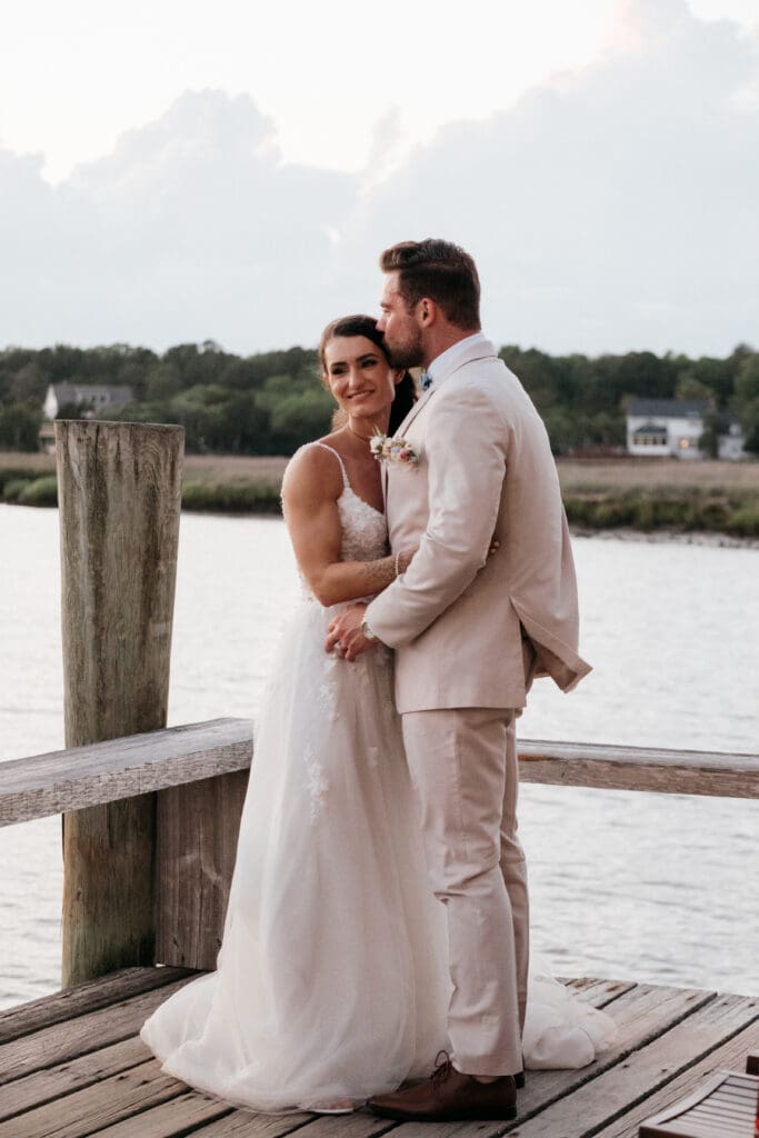 Rustic wooden Cotton Dock on tidal marsh at Boone Hall Plantation wedding venue, Charleston SC