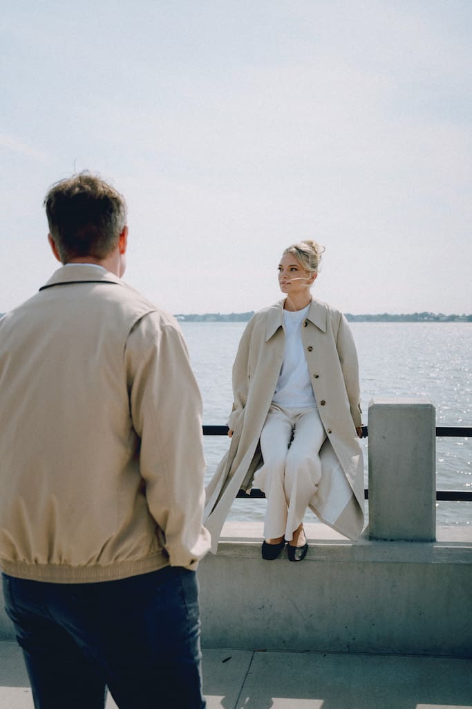 cinematic shot of couple at battery park charleston sc